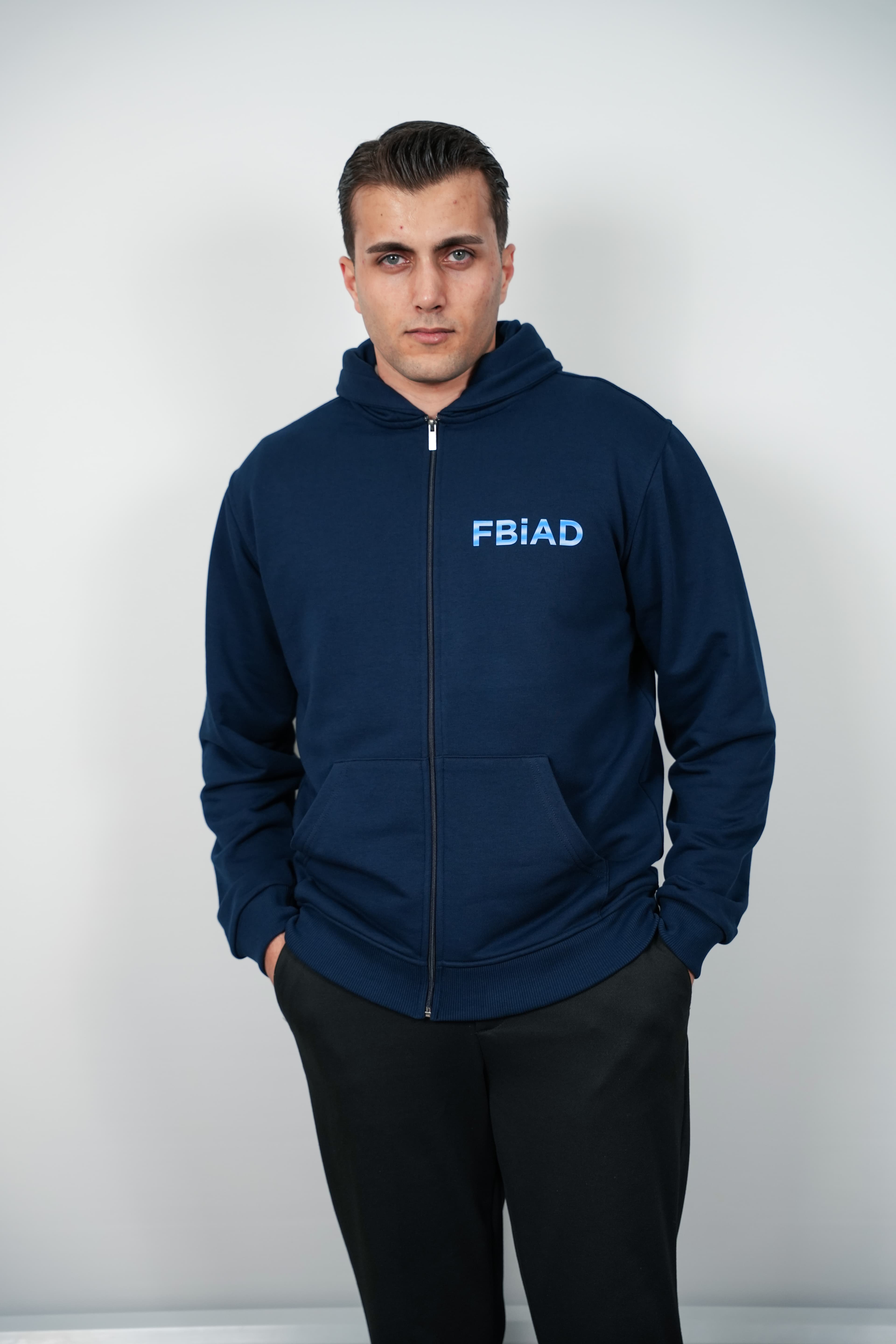 FBIAD Logolu Lacivert Erkek Fermuarlı Kapüşonlu Sweatshirt - Görsel 1